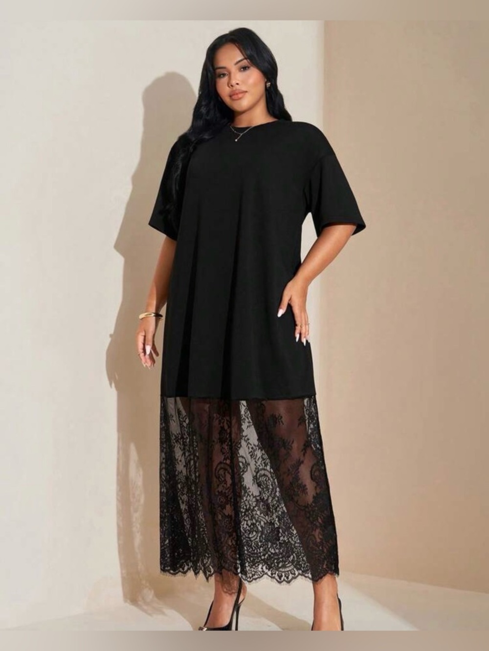 SHEIN Black Short Sleeve Long T-Shirt Dress with Lace